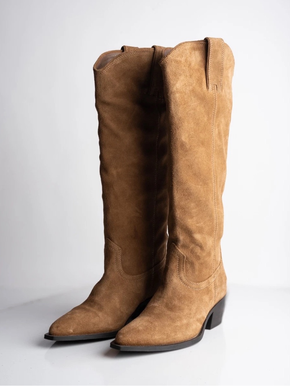 Zara Split Suede Leather Knee-High Cowboy Boots Tan-Brown Pointed Toe Size 6